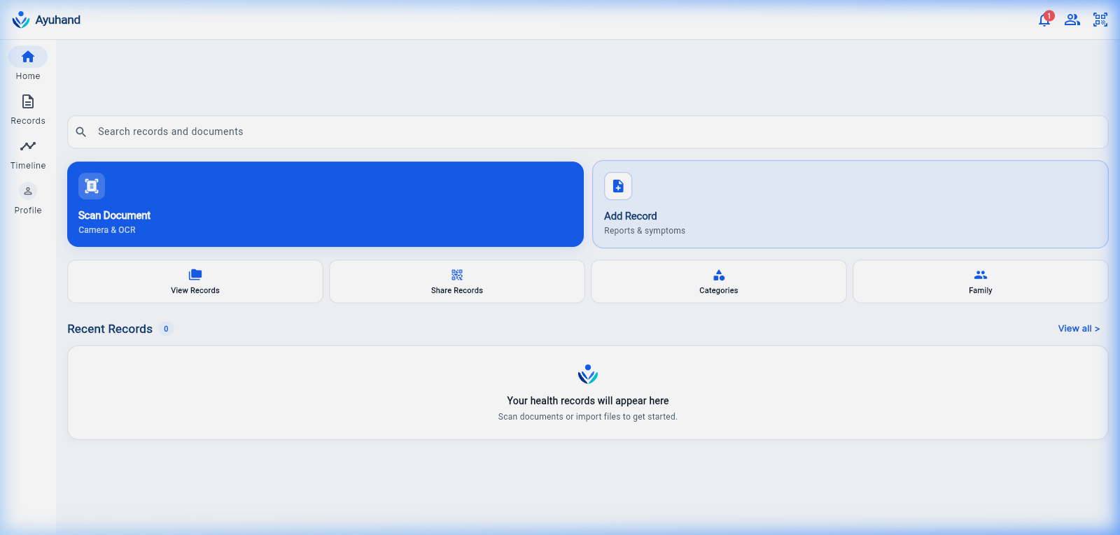 Ayuhand Home Dashboard with shortcut grid and recent records