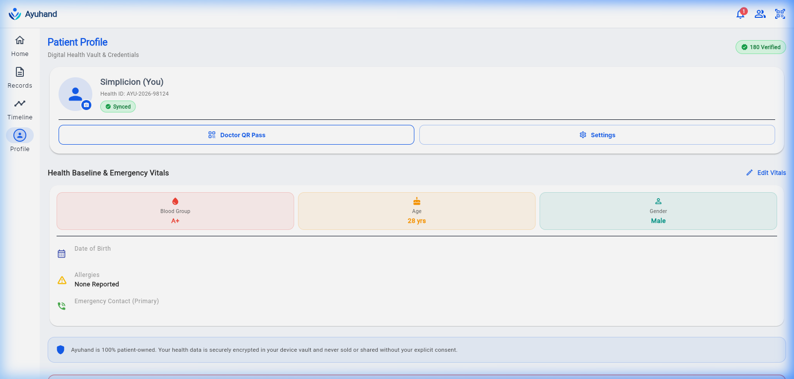 Ayuhand Patient Profile with Health ID and Synced status